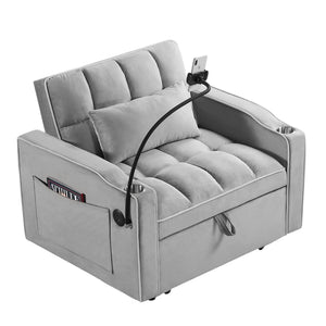 Convertible Sleeper Chair Sofa Bed, Grey Velvet, Pull-Out Single Bed