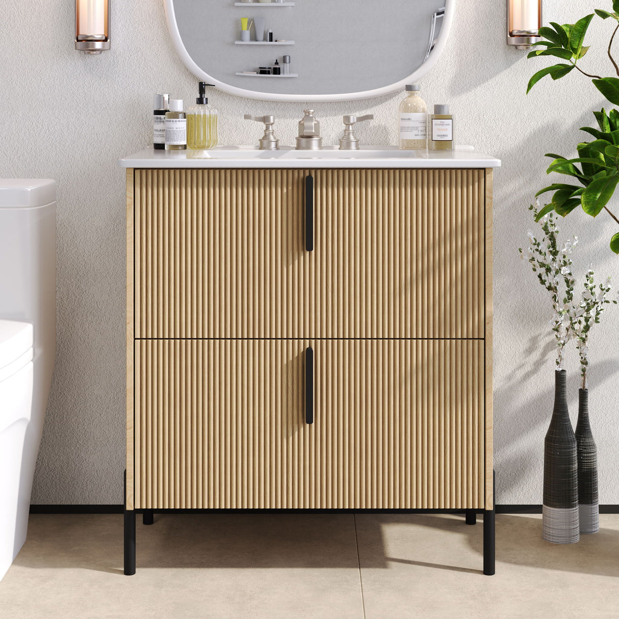 Bathroom Vanity With Ceramic Sink, Fluted Design