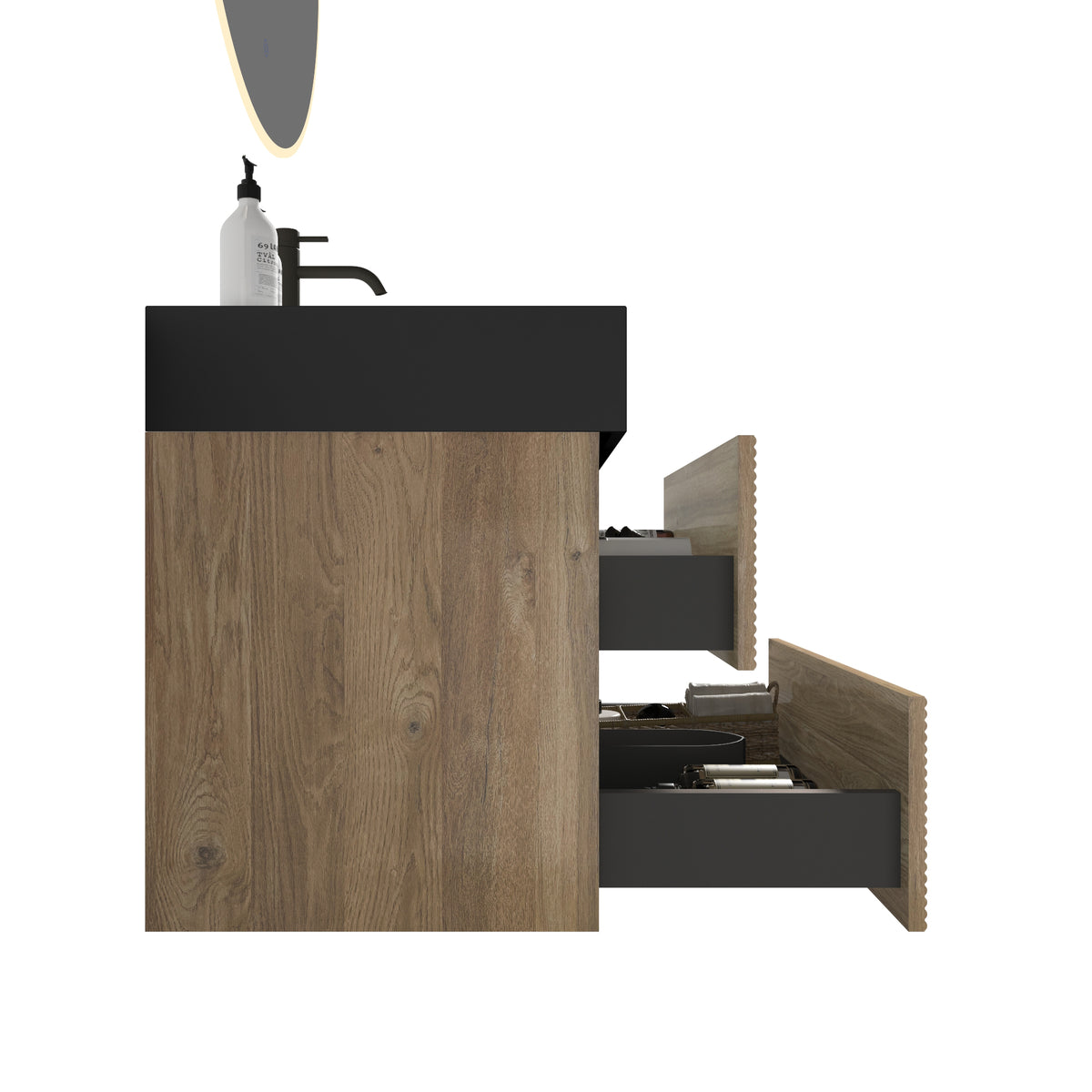 Grace 30-Inch Wall-Mounted Bathroom Vanity, Black and Oak with Soft-Close Drawers
