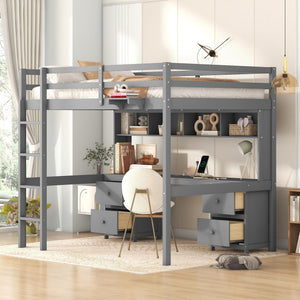 Loft Bed With Desk, Cabinets, Drawers, Charging Station And Bedside Tray