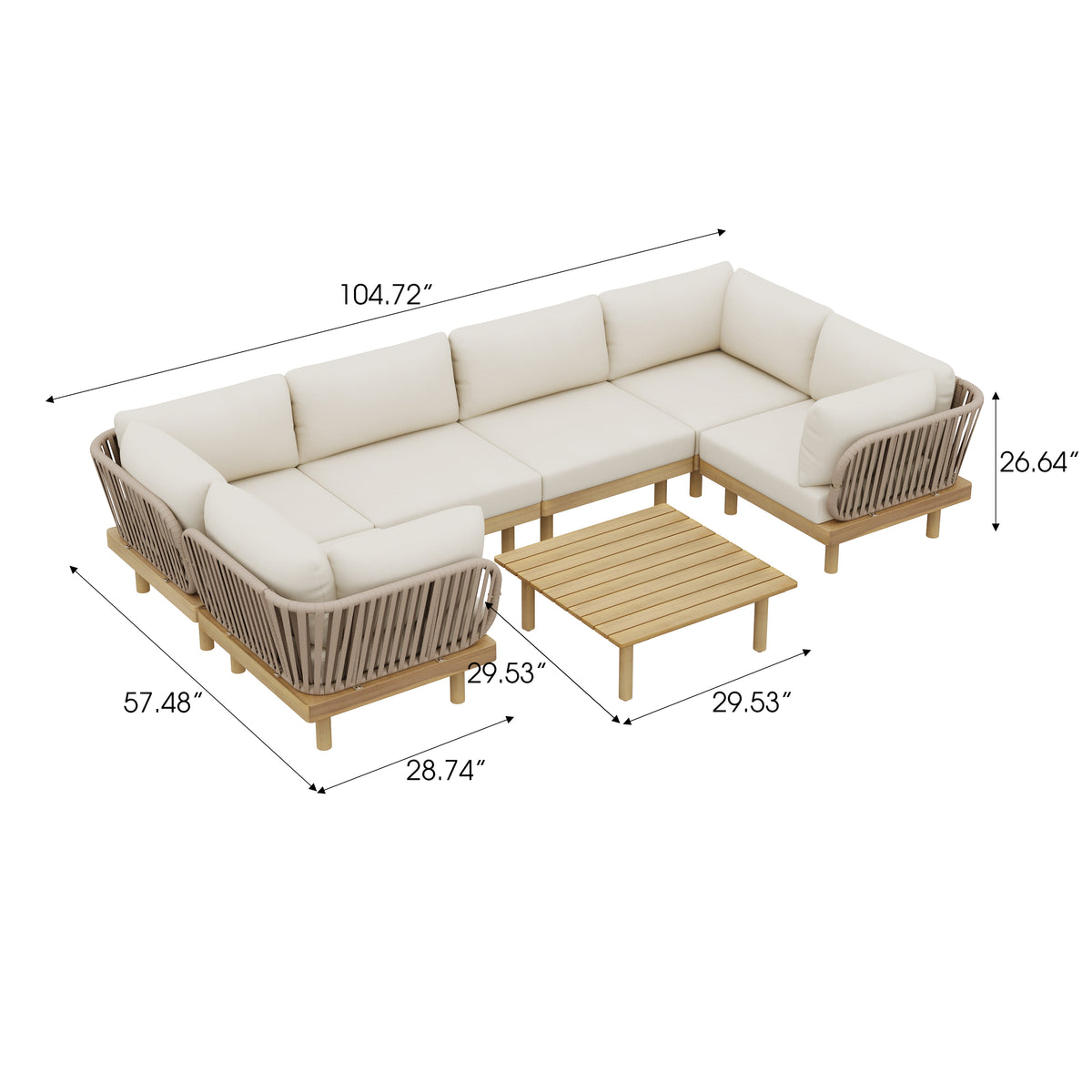 7-Piece Acacia Wood Outdoor Sectional Sofa Set with Rope Back