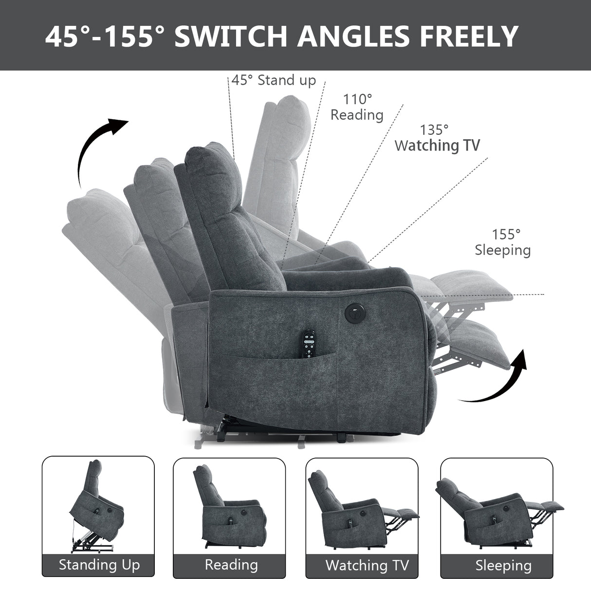 Grey Chenille Single Motor Power Lift Recliner Chair