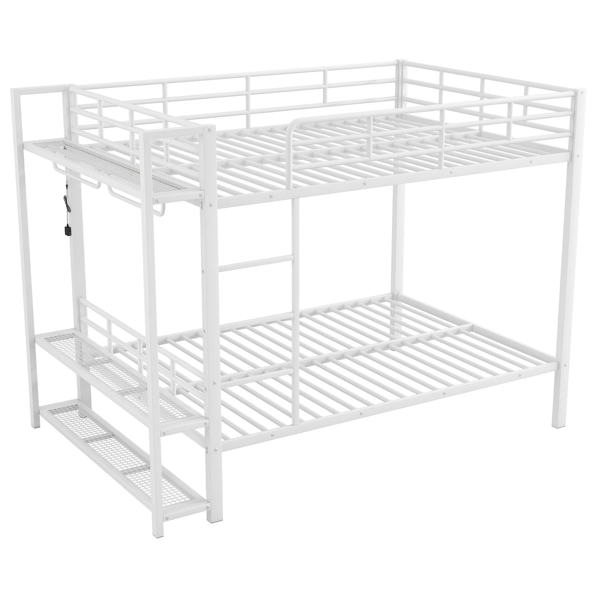 Bunk Bed With Storage Shelves, Clothes Hooks, LED Light