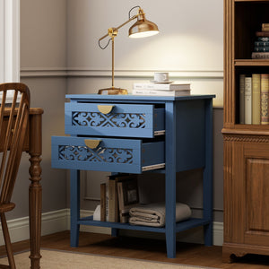 Dusty Blue 2-Drawer Nightstand with Carved Lattice Fronts, Gold Pulls