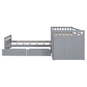 Loft Platform Bed With 7 Drawers And Full Guardrails, Modern L Shaped Space Savin