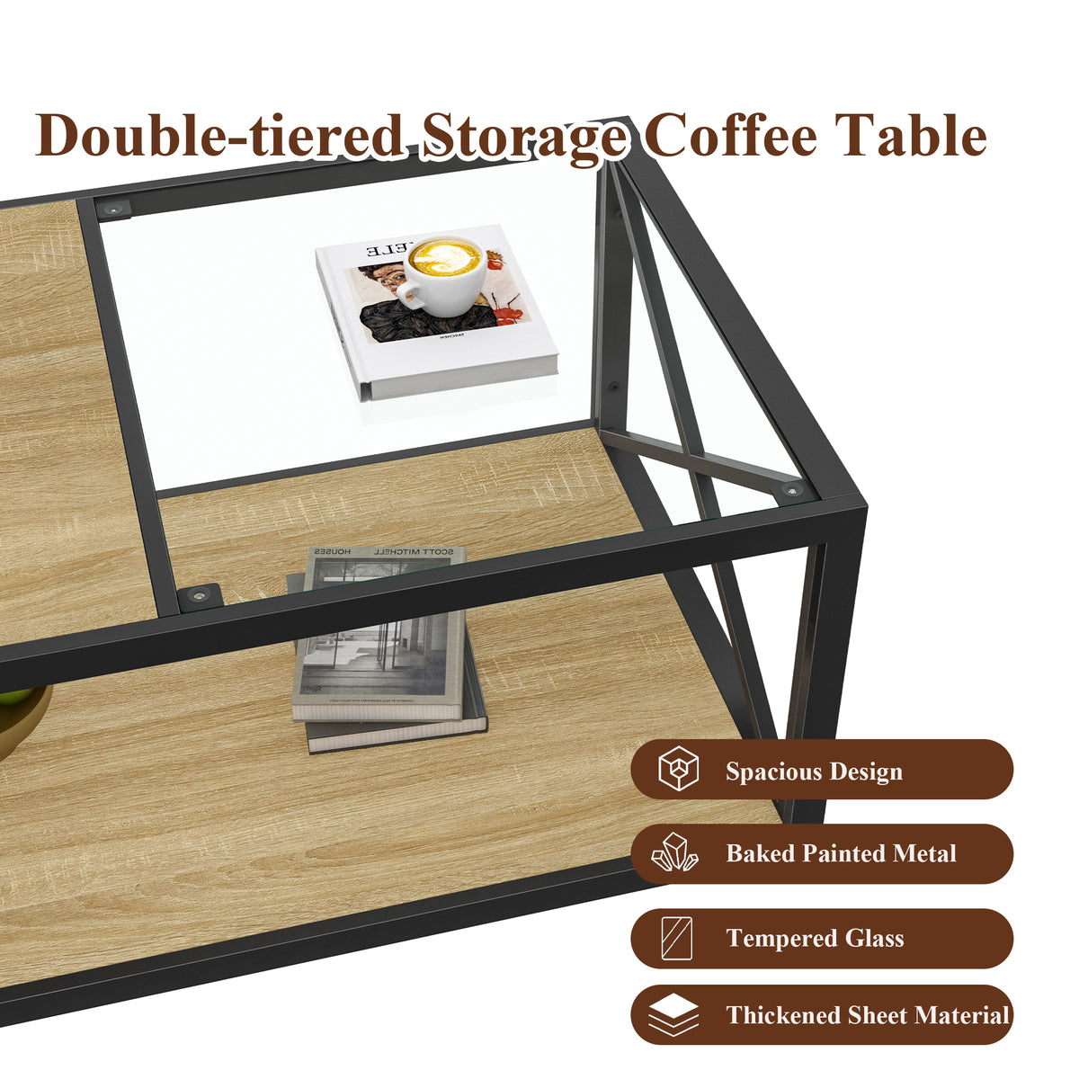 Modern Coffee Table with Tempered Glass and Natural Wood MDF Top