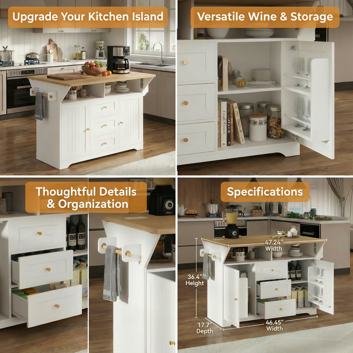 Large Kitchen Island with 2 Drop Leaf and Power Outlet