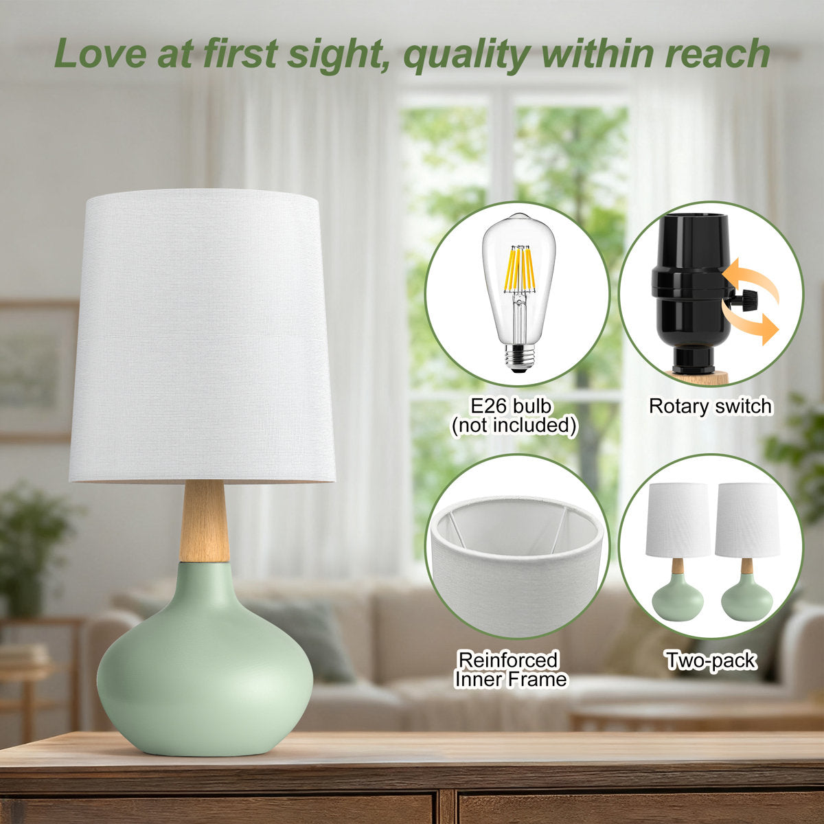 Ceramic and Wood Table Lamp, 14 Inches, Set of 2, Green