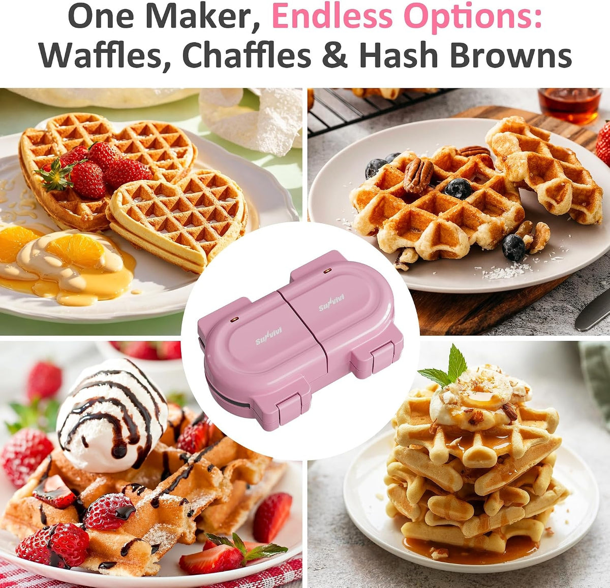 2 In 1 Heart Shape Waffle Maker - 4.6'' Double Mini Waffle Iron