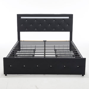 Upholstered Bed Frame With LED Lights, 4 Storage Drawers, Charging Station