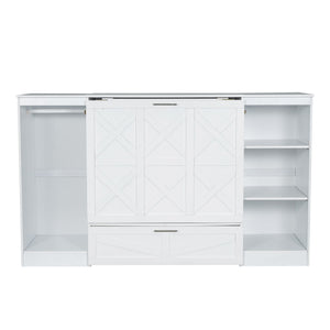 Twin Size Murphy Bed With Bedside Shelves And Wardrobe - White