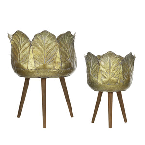 Set of 2 Metal Planters with Solid Wood Legs Stand - Natural Zinc