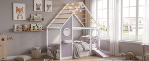 Twin House Bed with Slide and Light Strip