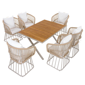 Outdoor 7-Piece Dining Set - Rectangular Teak Wood Table + 6 Wicker Chairs