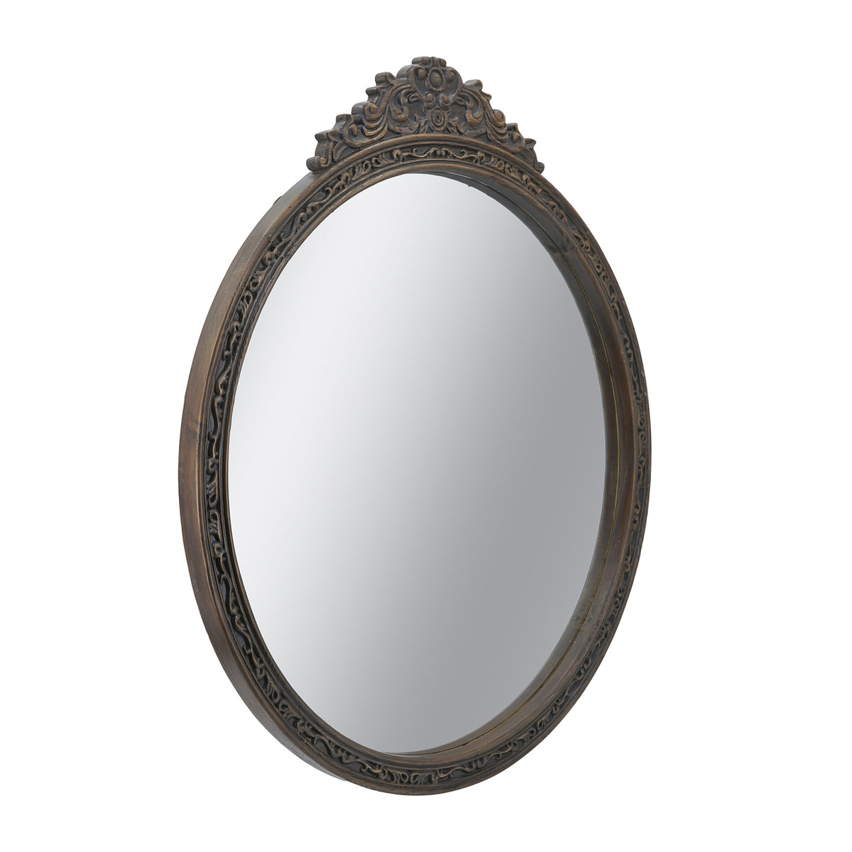 31.5" Round Antique Wall Mirror with Hand-Carved Pediment - Wood