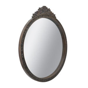 31.5" Round Antique Wall Mirror with Hand-Carved Pediment - Wood