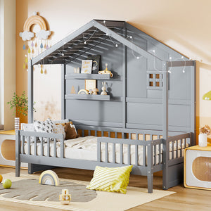 House Bed With Shelves, Window And Sparkling Light Strip On The Roof
