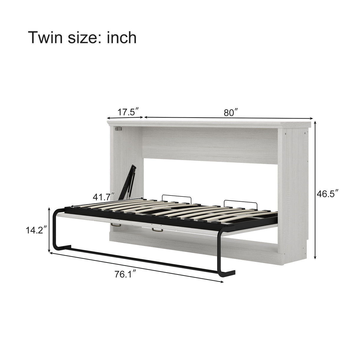 Twin Size Horizontal Murphy Bed With Dual Piston System, Space Saving Wall Bed Folds Into Cabinet - Rustic White