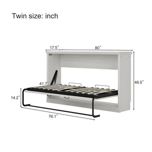 Twin Size Horizontal Murphy Bed With Dual Piston System, Space Saving Wall Bed Folds Into Cabinet - Rustic White