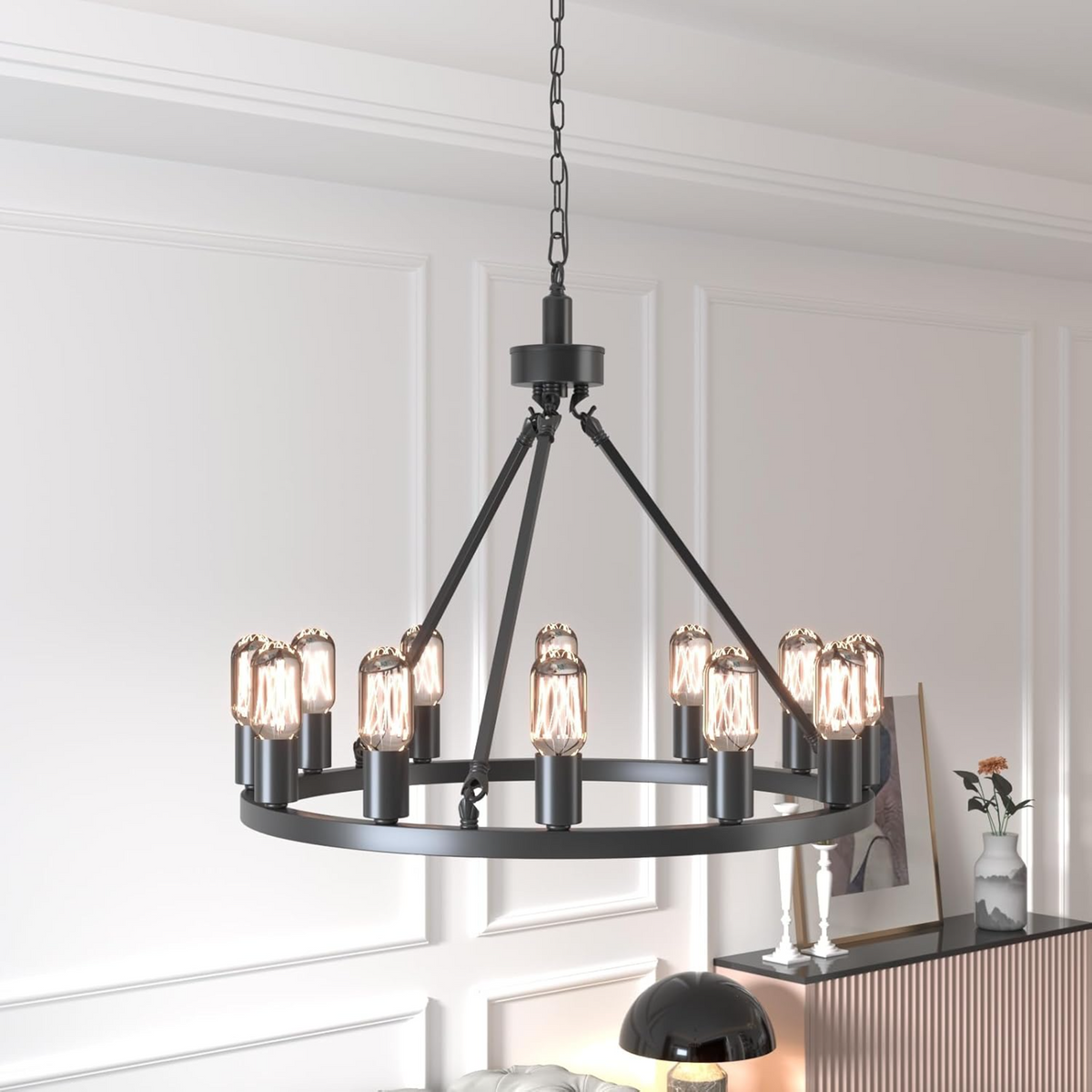 24.2" Wagon Wheel Chandelier, 12-Light, Black Metal