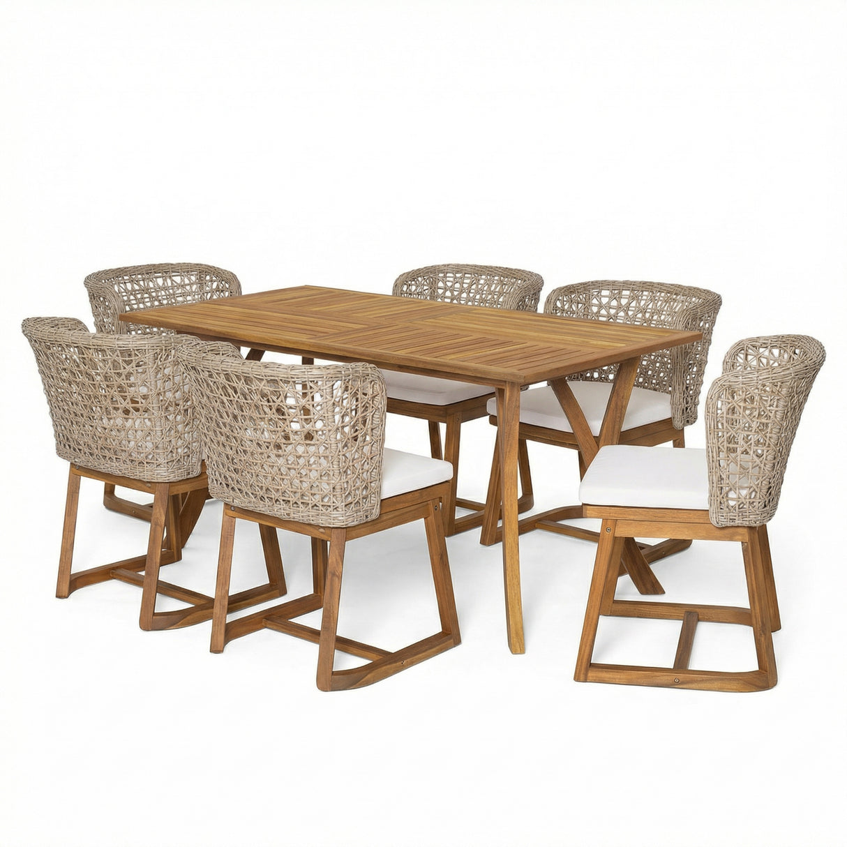 Outdoor 7-Piece Dining Set – 59" Rectangular Solid Wood Table (Teak Finish) + 6 Acacia Chairs