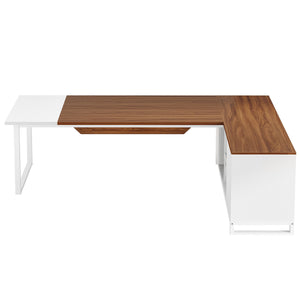 L-Shaped Executive Desk With File Cabinet, Large Workspace For Home Office - White / Walnut