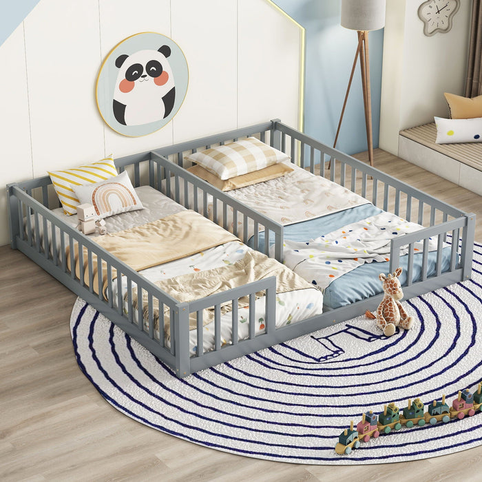 Double Floor Platform Bed with Guardrails - Twin Size - Gray, White, or Light Brown