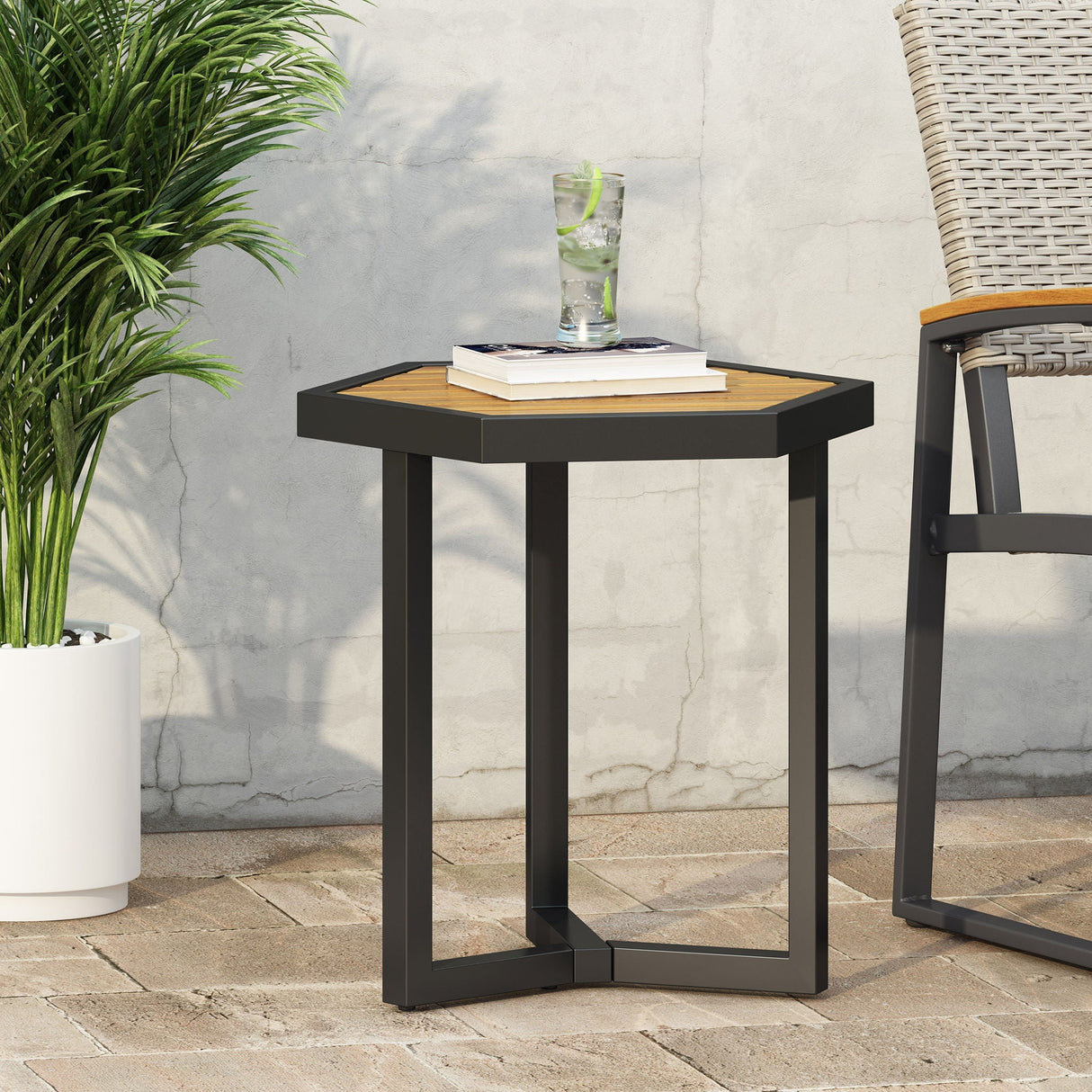 Outdoor Side Table With Iron Base And Slatted Top - Brown - Best Buy Furniture