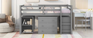 Loft Low Study Bed With Cabinet, Shelves And Rolling Portable Desk, Multiple Functions