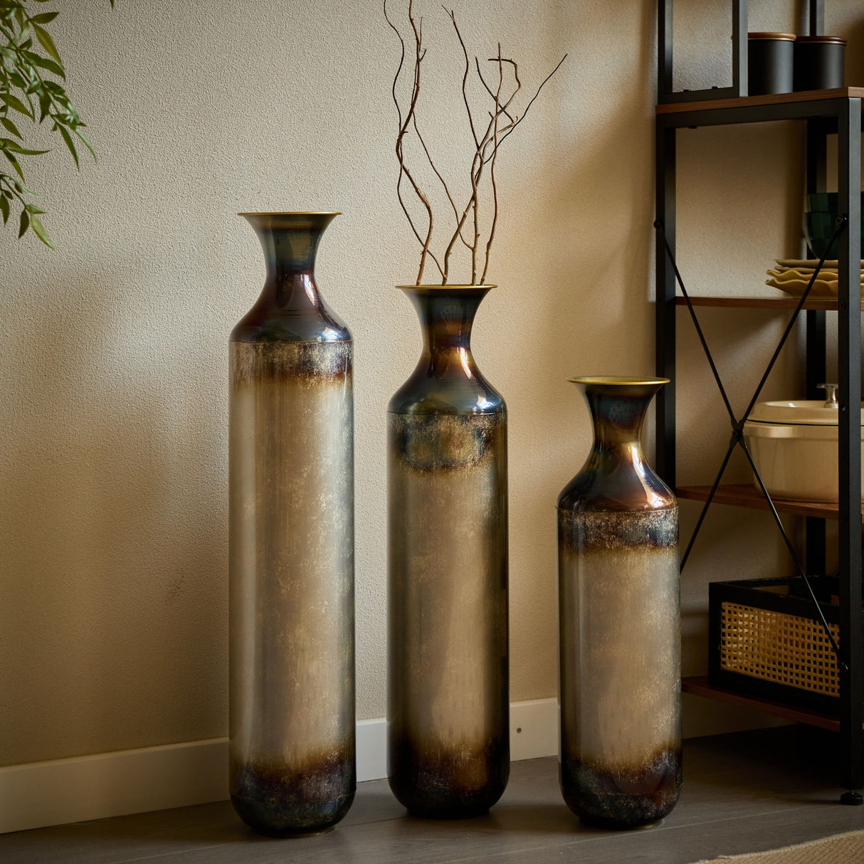 Modern Droplet Shaped Floor Vase Set, Glazed Metal Decorative Vases 3 Piece Home Accent For Living Room - Gold / White
