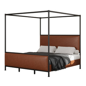 King Size Canopy Bed Frame With PU Upholstered Headboard