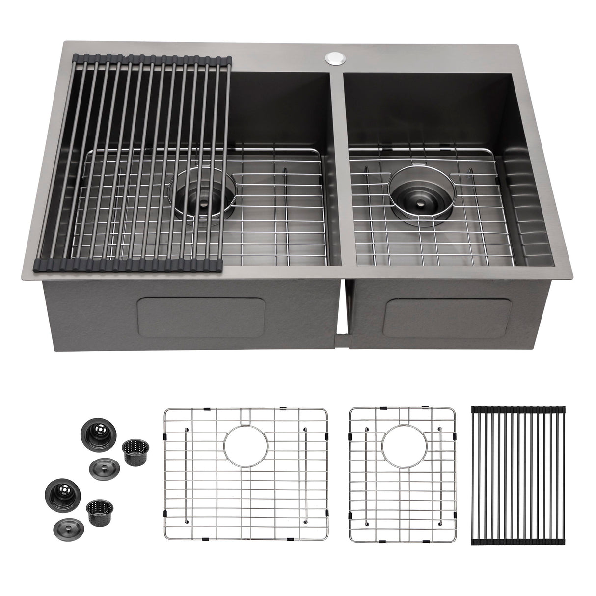 Double Bowl Drop In Sink With 2 - 9" Deep Basins - Gunmetal Black