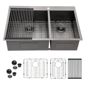 Double Bowl Drop In Sink With 2 - 9" Deep Basins - Gunmetal Black