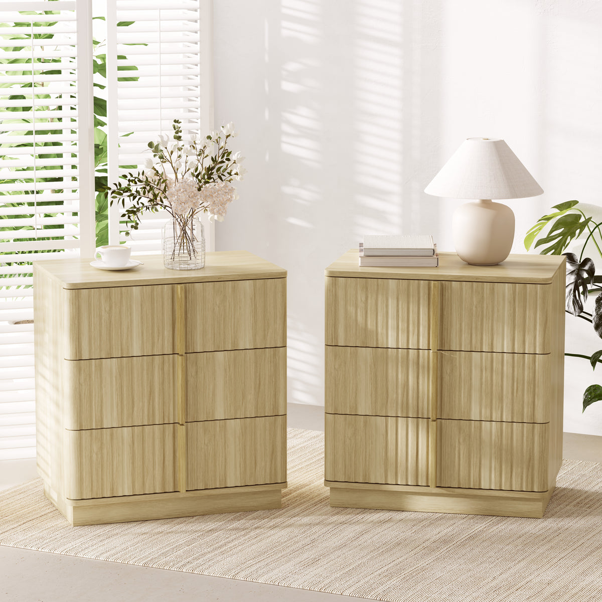 Vertical Stripe 3-Drawer Nightstand, Natural MDF, 25.39-Inch