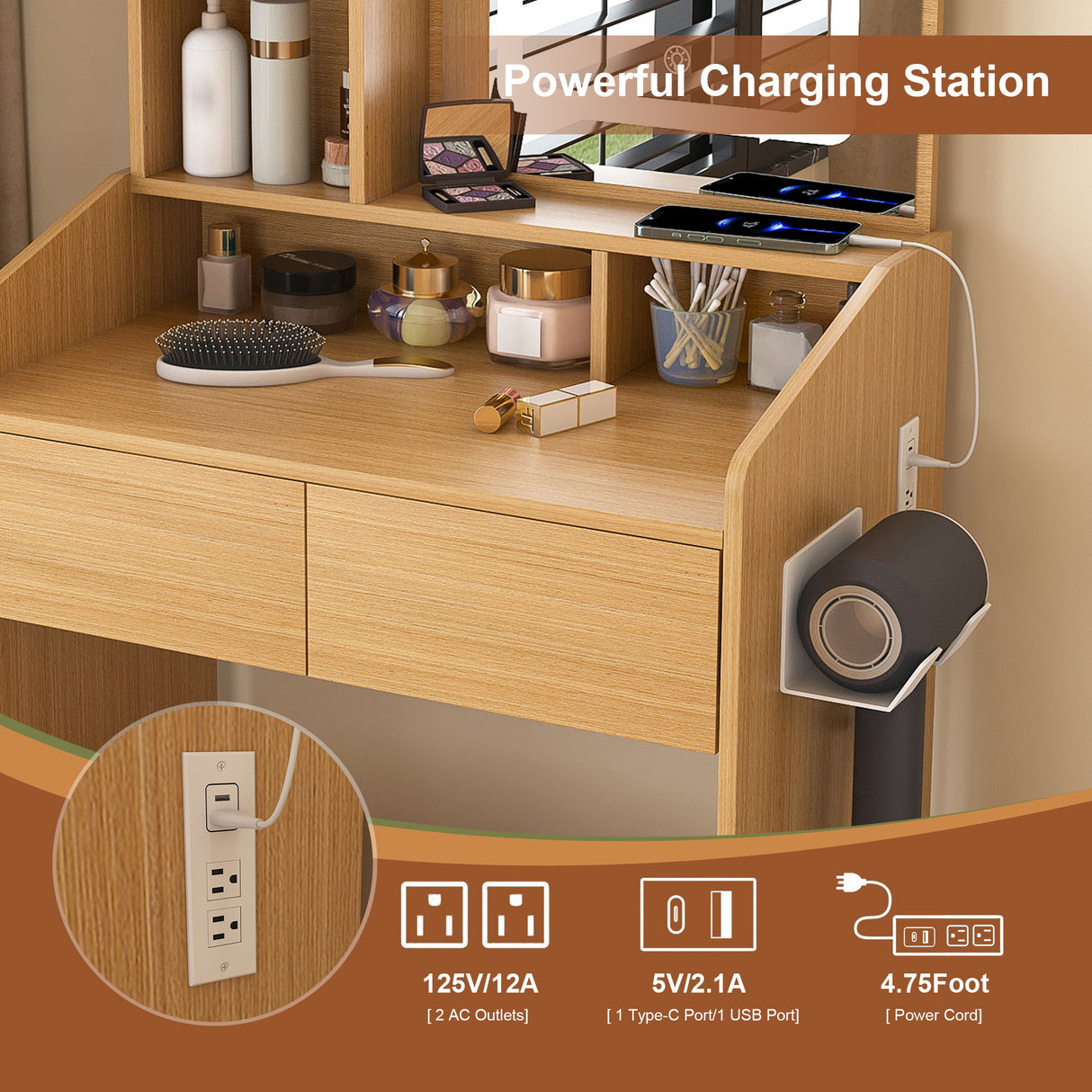 Vanity Table With LED Mirror, Power Outlet, Hairdryer Holder & Padded Stool, Compact Dressing Desk For Small Bedrooms - Wood