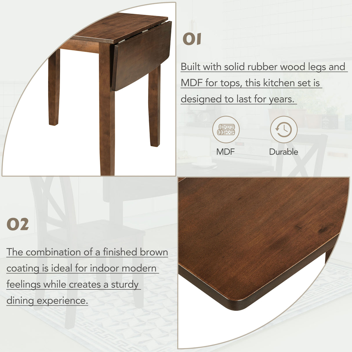 TOPMAX 3-Piece Wood Drop Leaf Breakfast Nook Dining Table Set with 2 X-back Chairs