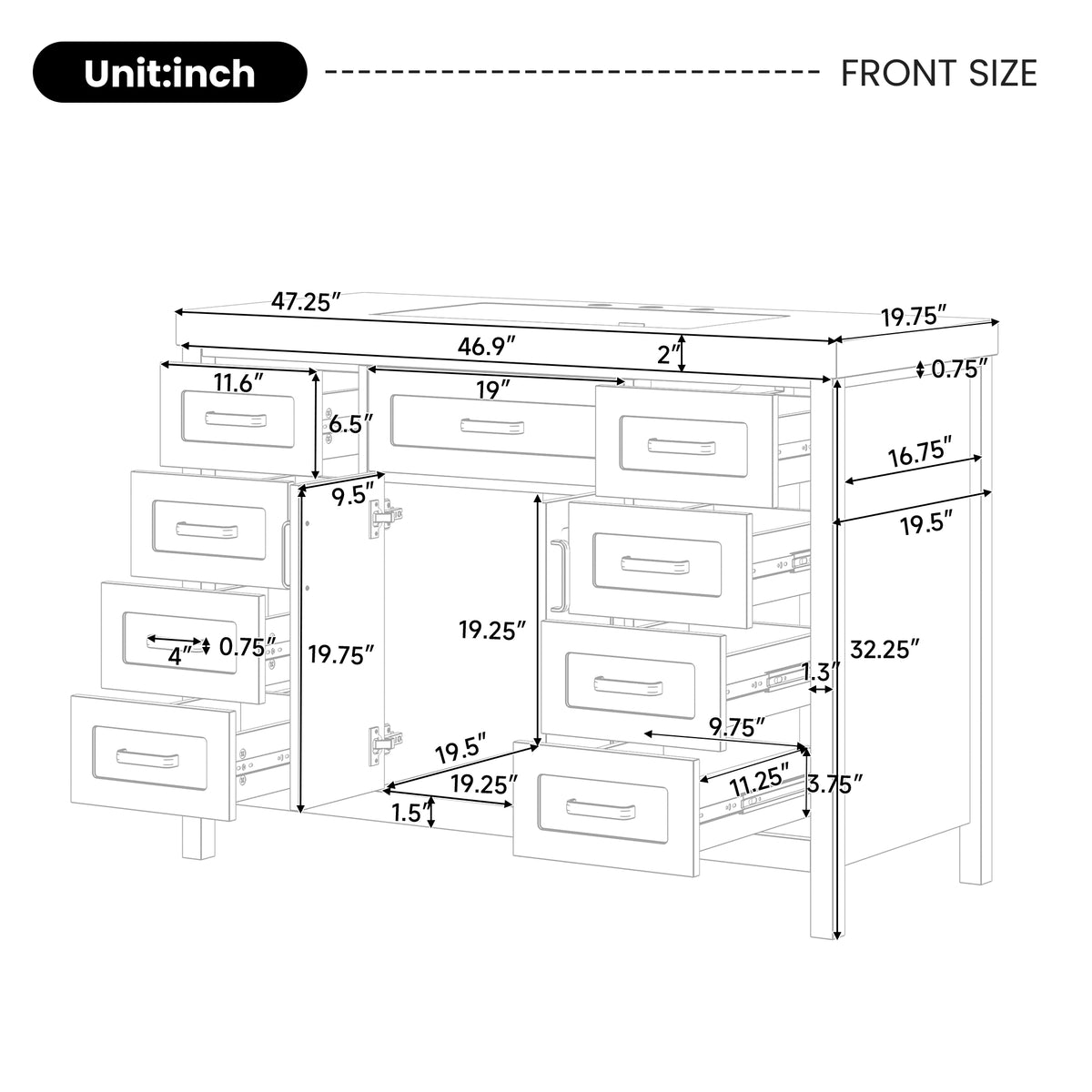 47" Bathroom Vanity Without Sink, Cabinet Only