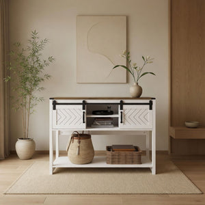 Entryway Table With Sliding Barn Door Storage - White / Oak