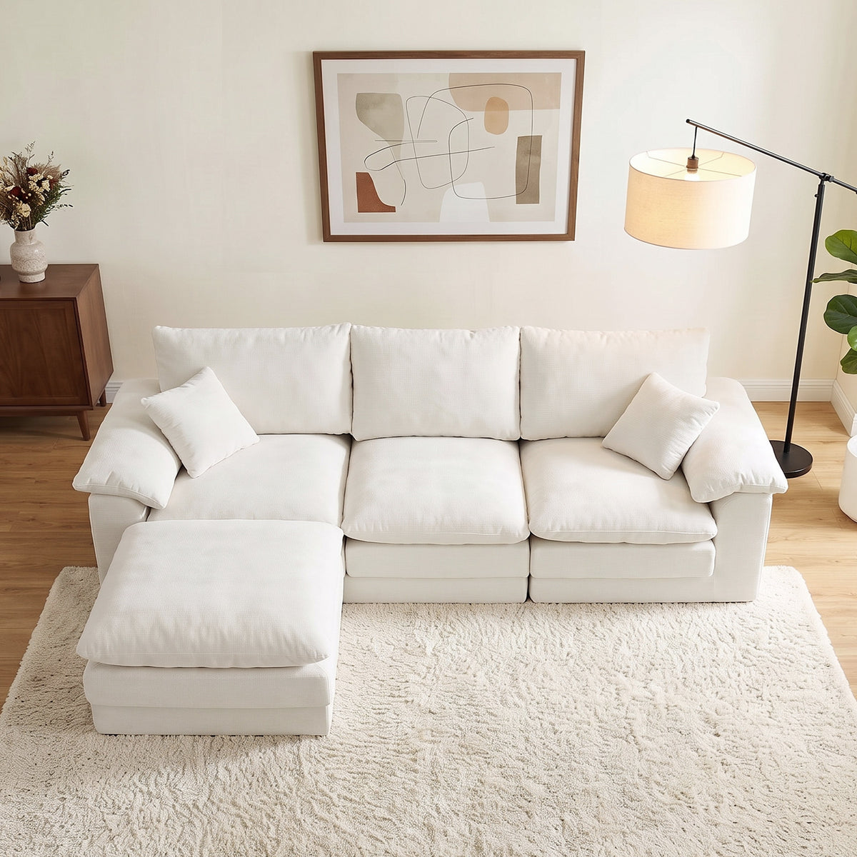 Modular U-Shape Sectional Sofa with Movable Ottoman, Chenille, Beige