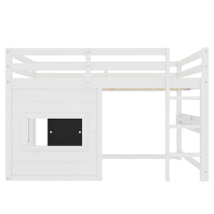 Full Size Loft Bed With Sliding Chalkboard & Bookshelf