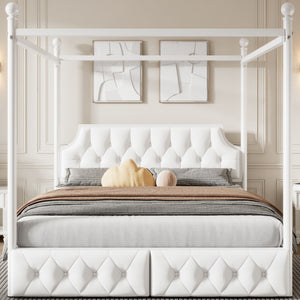 Queen Size Canopy Platform Bed With Upholstered Headboard And 2 Storage Drawers - White