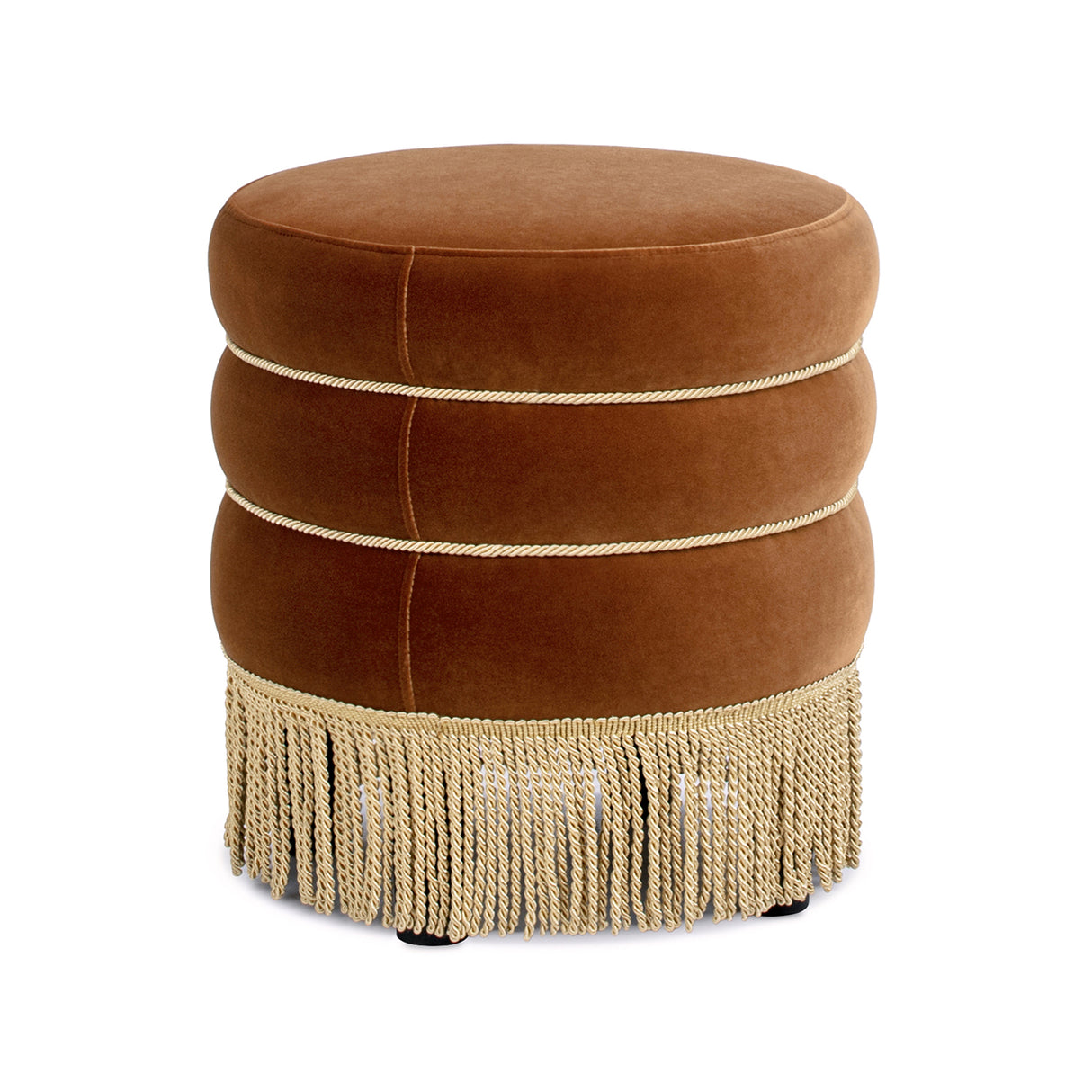 Edward 17.5" Round Upholstered Ottoman with Bullion Fringe Burnt