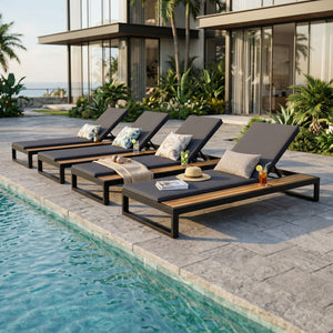 Black Iron & Teak Finish Chaise Lounge Set