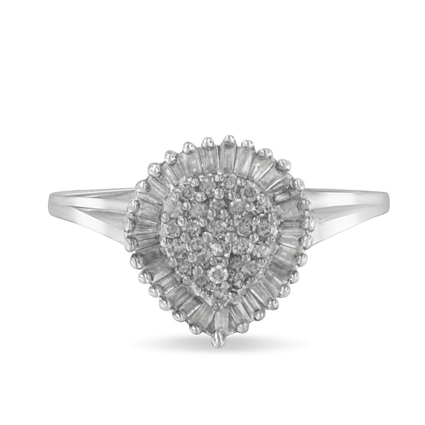 10K White Gold 1/2 Cttw Round & Baguette Cut Diamond Pear Shaped Domed PavÃ© Cluster with Halo Cocktail Ring (H-I Color, SI1-SI2 Clarity) - Size 5