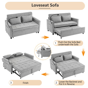 Pull-Out Sleeper Sofa With Reversible Backrest Cushion, Side Pockets, 2 USB Ports And A Phone Holder For Living Room