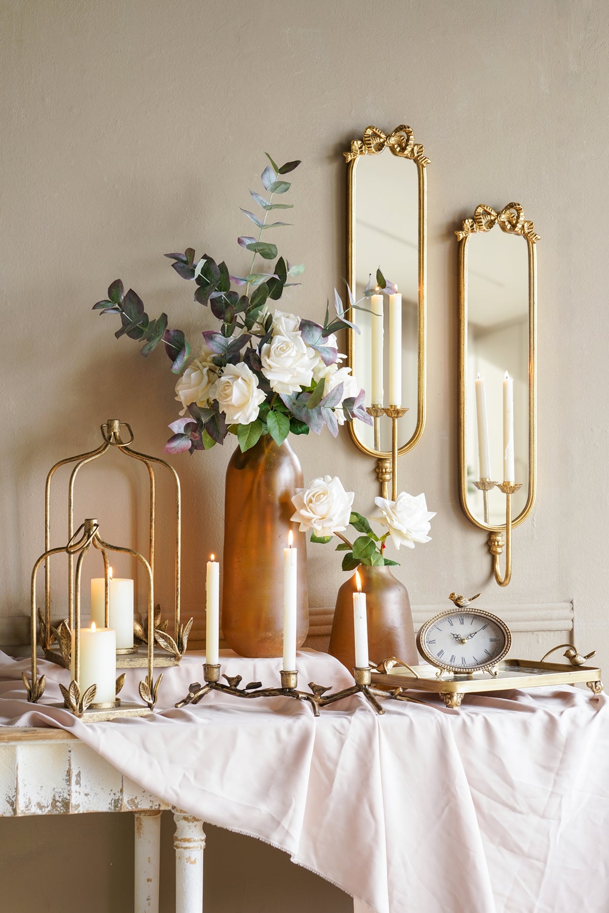 Set of 2 Luxe Distressed Golden Arched Iron Lantern