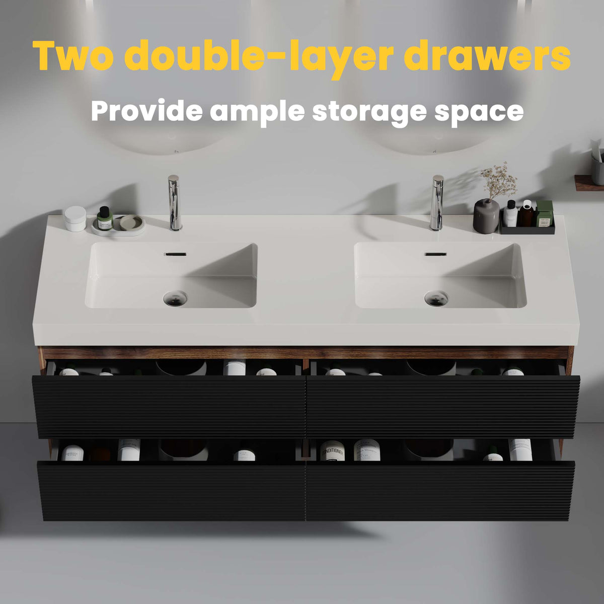 Grace 60-Inch Wall-Mounted Bathroom Vanity, Walnut and Black with Double Sinks