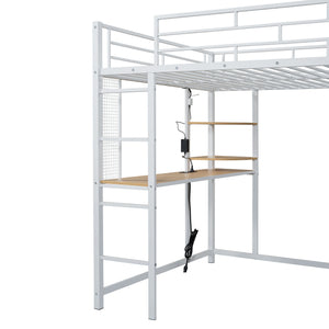 Loft Bed With Desk, Shelves, Power Outlet, LED Light And Wardrobe
