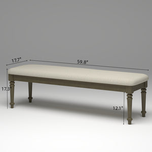 Farmhouse Upholstered Bed Bench, 59.8-Inch, Beige Linen with Rubberwood Legs