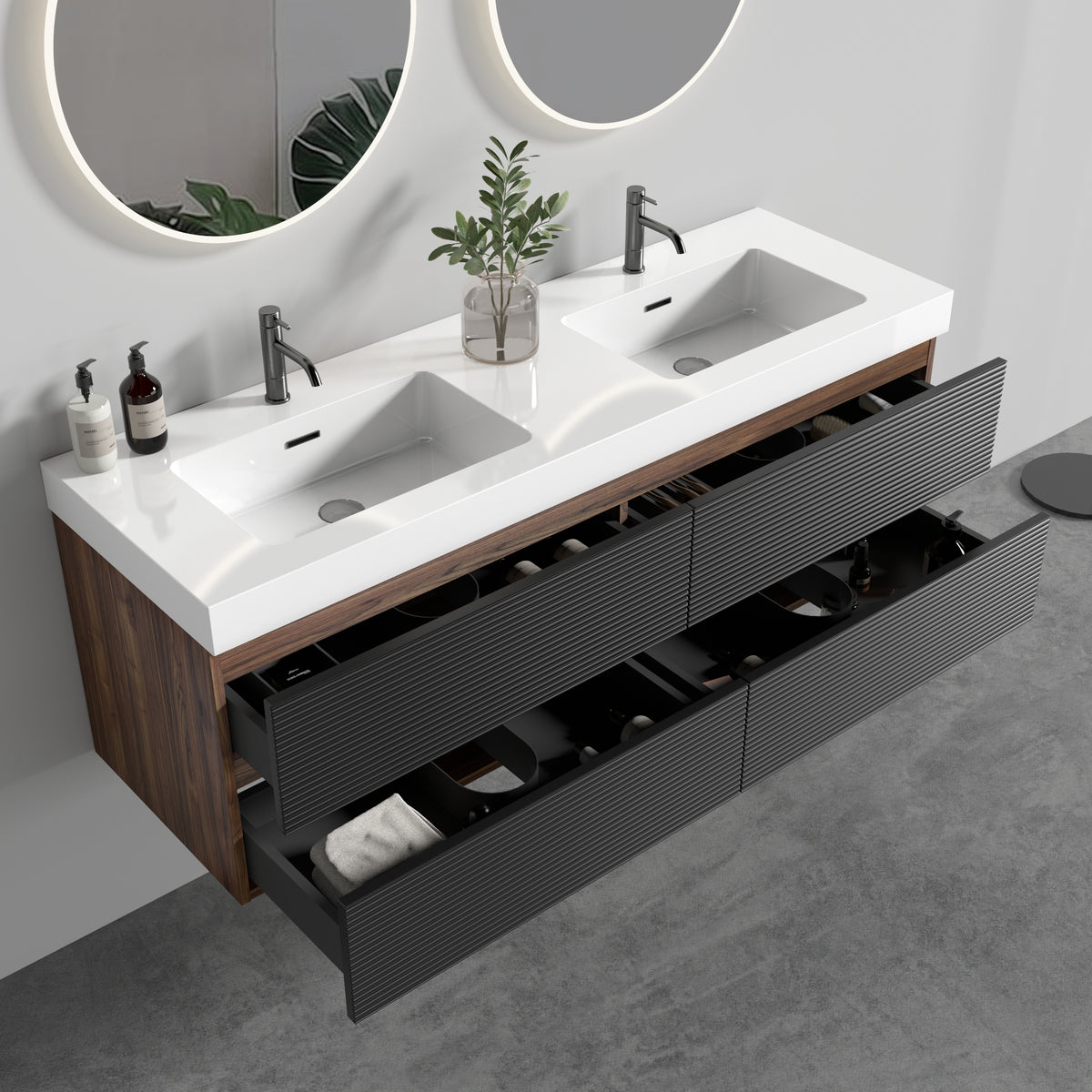 Grace 60-Inch Wall-Mounted Bathroom Vanity, Walnut and Black with Double Sinks